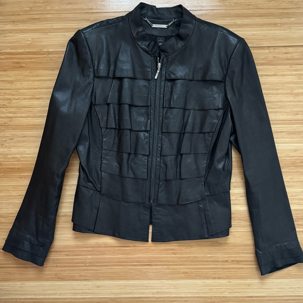 White House Black Market Ruffled Tiered Leather Jacket Large WHBM